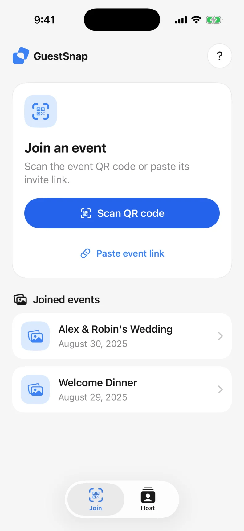 GuestSnap Joined Events screen