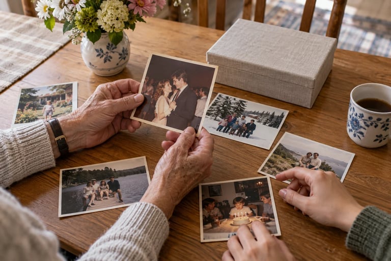 Older and younger hands sort through printed family photos, including a wedding picture, on a wooden table.