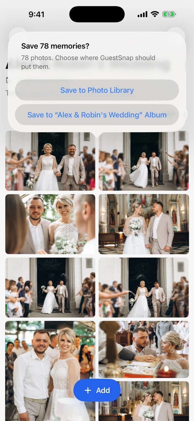 GuestSnap gallery save dialog with choices for the Photo Library or an album named for the event